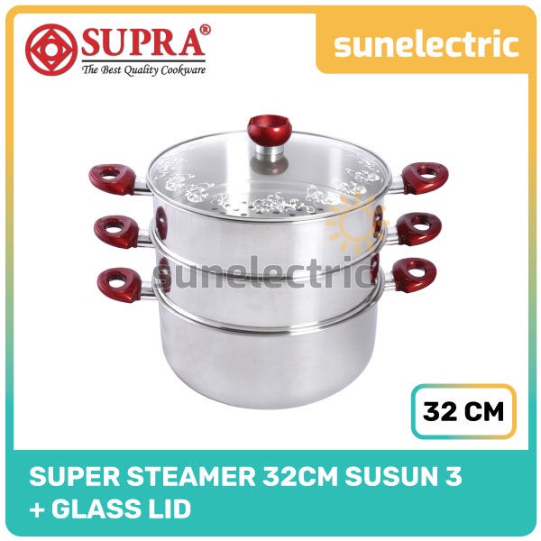 Supra Panci Stainless Steel Super Steamer 32 cm Susun 3 Dandang Kukusan Langseng Rangkap + Tutup Kac
