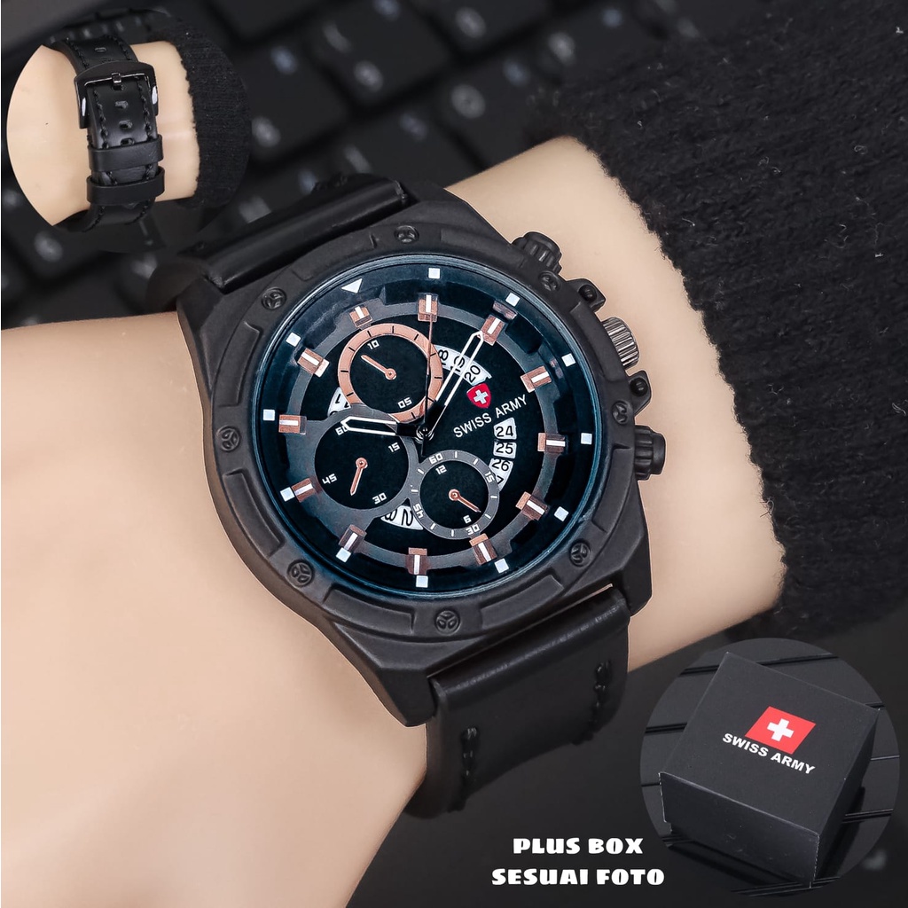 Jam Tangan Pria S2958L Tali Kulit Tanggal Aktif Chrono Variasi Free Box Exclusive &amp; Baterai