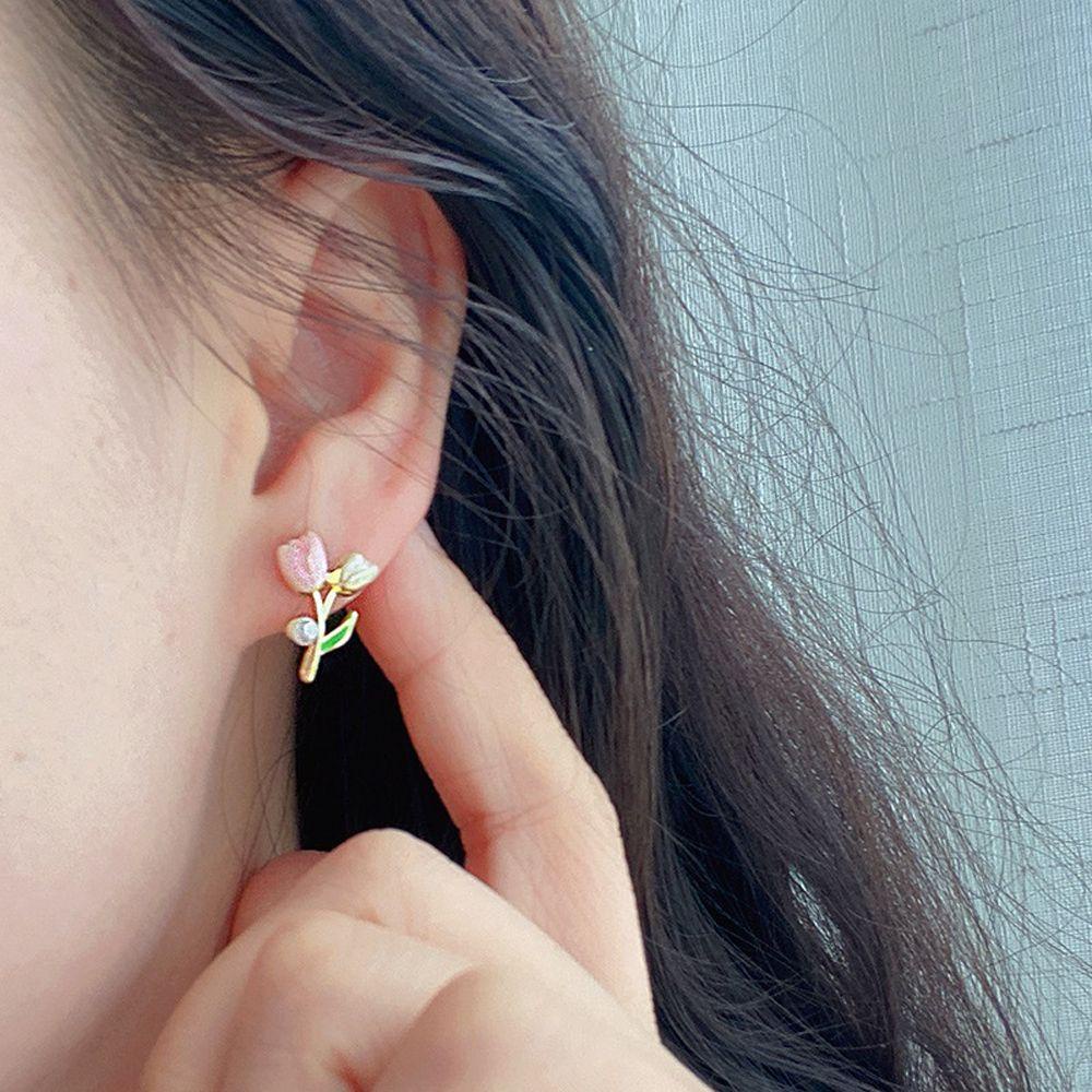 Anting Tulip Perempuan Indah Peri Menetes Minyak Trendi Merah Muda Vintage Anting Mutiara