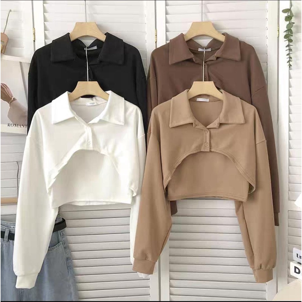 NOLLA CROP COLLAR TOP SWEATSHIRT | atasan wanita kerah kancing (ic)