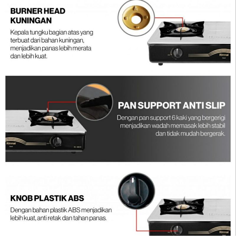 Kompor Gas 2 Tungku Rinnai RI 602 E Kompor Stainless Rinnai 602E Kompor Rinnai Top Plate Buka Tutup RI602E