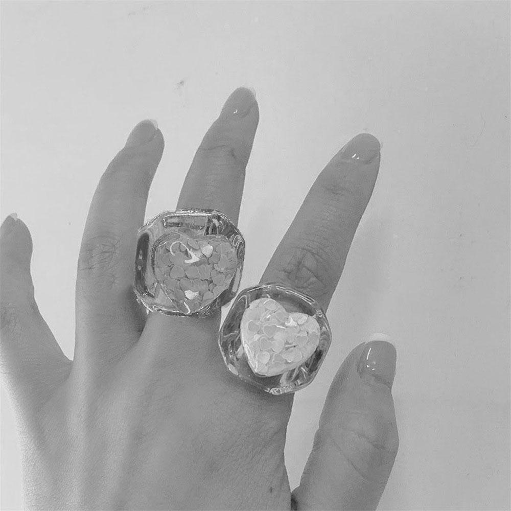 Mxbeauty Cincin Wanita Gadis Korea Cinta Hati Transparan Resin Akrilik Chunky Fashion Perhiasan