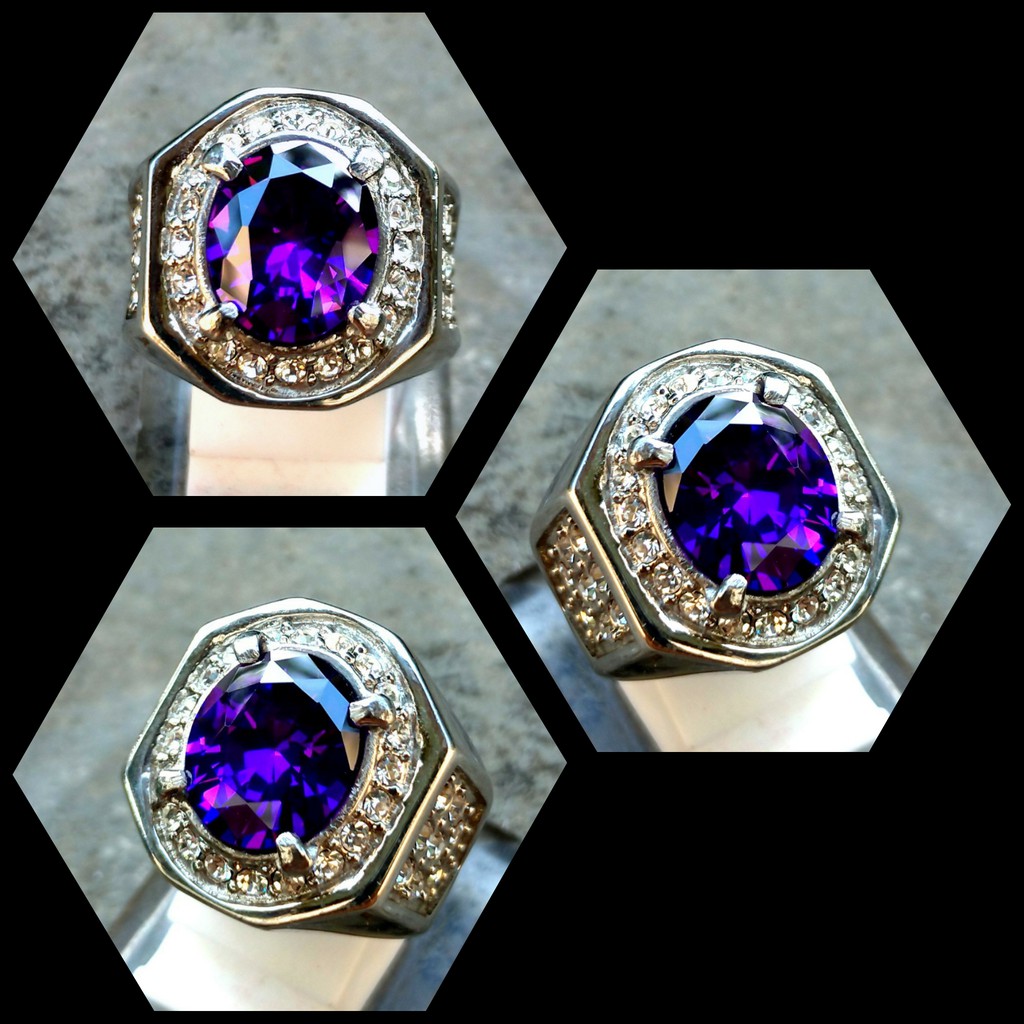 Cincin Taring Permata Diamond Ungu Tua Oval Cutting