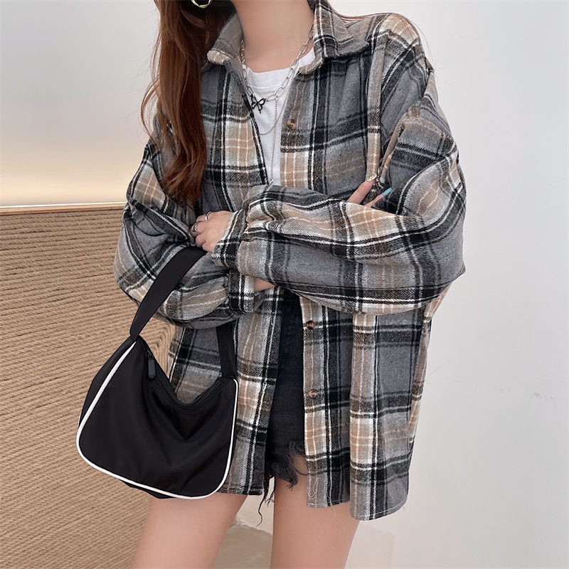 AJWShop Kemeja Flanel Wanita Lengan Balon Oversize Import Tebal Premium | Atasan Kemeja Wanita Jumbo Import Bahan Tebal | Kimberly Kemeja Flanel Import Premium | Kemeja Planel Wanita-TEBAL CreamGrey