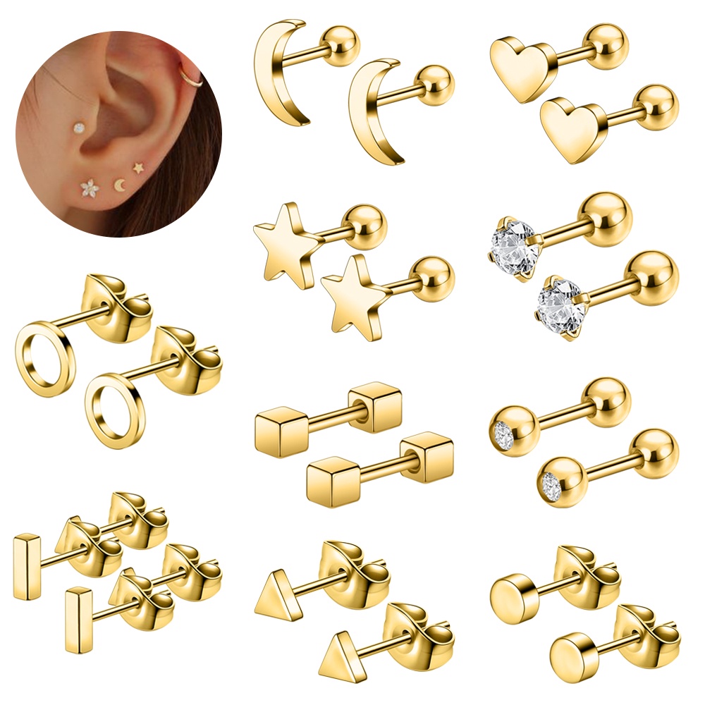 8-22pcs / Lot Anting Stud Kristal Bentuk Hati Bulan Bahan Stainless Steel Untuk Tindik Tulang Rawan