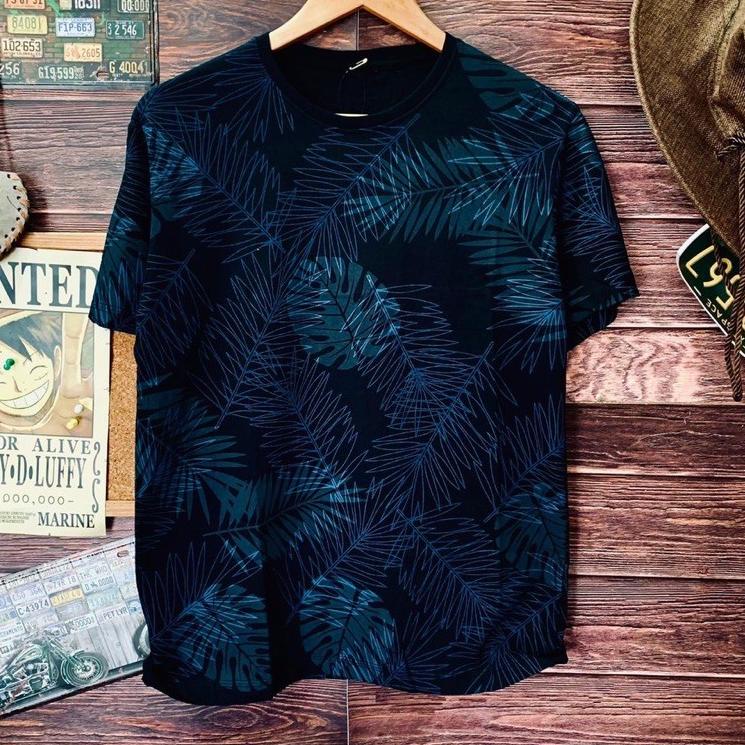 Wow keren, Kaos distro pria motif printing daun black blue leaf kaos pria T shirt pria distro