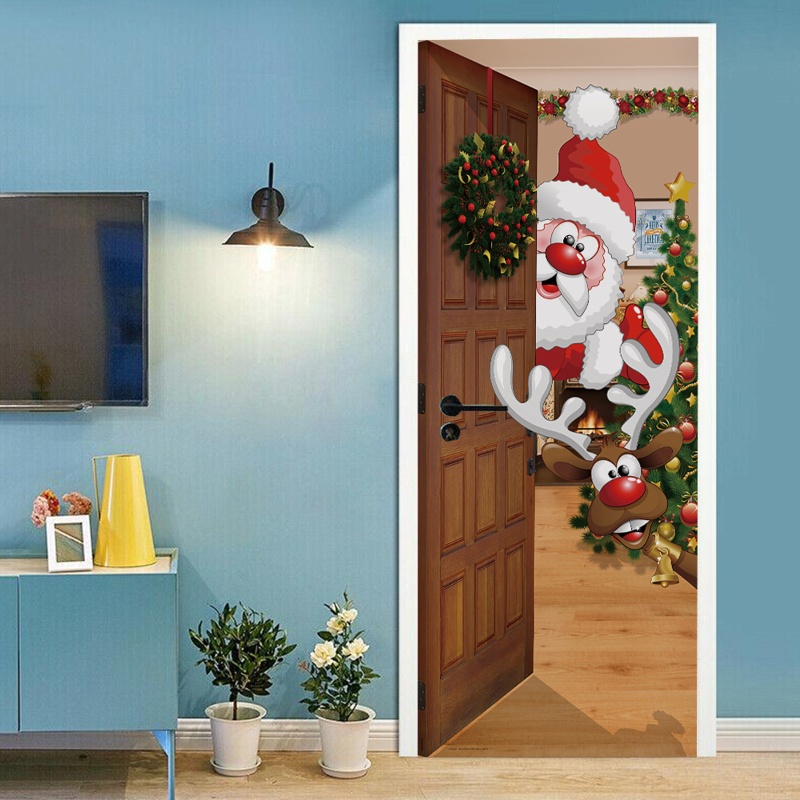 Zzz 2pcs / set Stiker Dinding / Pintu / Kulkas Motif Santa Claus / Rusa Natal 3D Anti Air Untuk Dekorasi