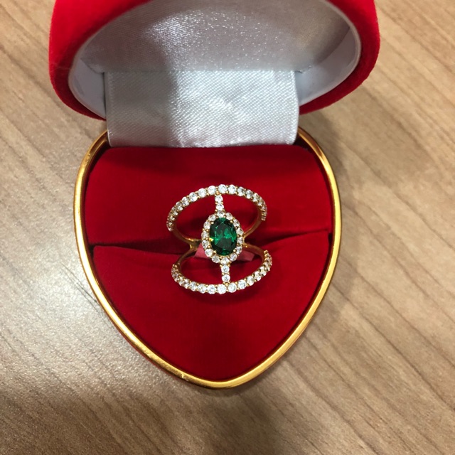 Cincin Armor midi LadyDi batu hijau full zircon putih  Mas kuning
