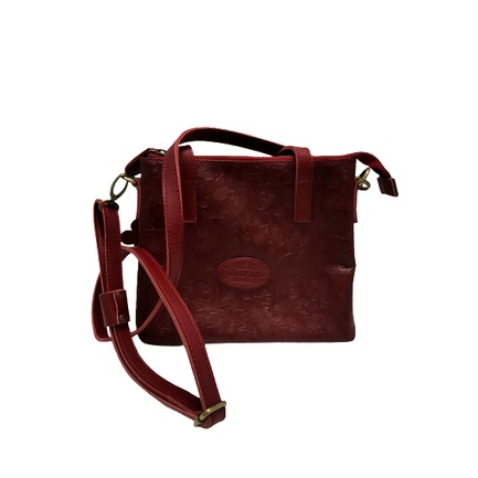 Tas Kulit Sapi Selempang Wanita Motif Batik warna Merah Maroon