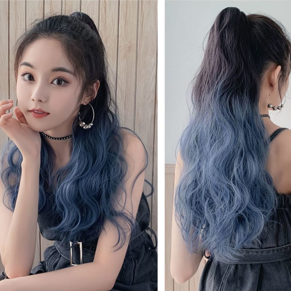 PONYTAIL BLUE HIGHLIGHT HAIR CLIP AKSESORIS RAMBUT PALSU WIG KUNCIRAN RAMBUT WANITA FASHION KOREA IMPORT