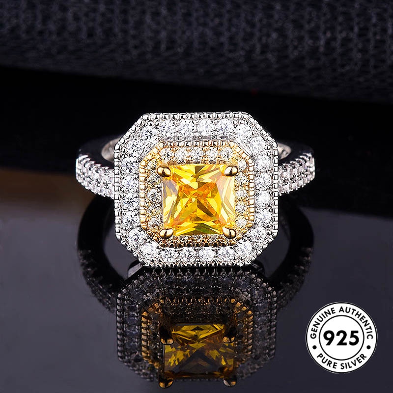 Cincin Tunangan Silver S925 Hias Berlian Kuning Bentuk Kotak Untuk Wanita