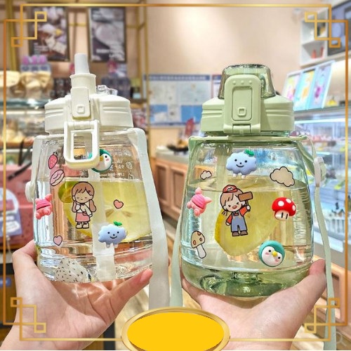 Botol Minum Kaca Serbaguna Portable Lucu Motif Korea Siruuby Tali slempang big belly Bening U1M3