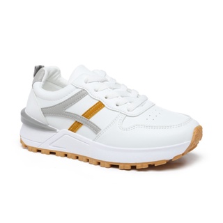 white sneakers with gold trim