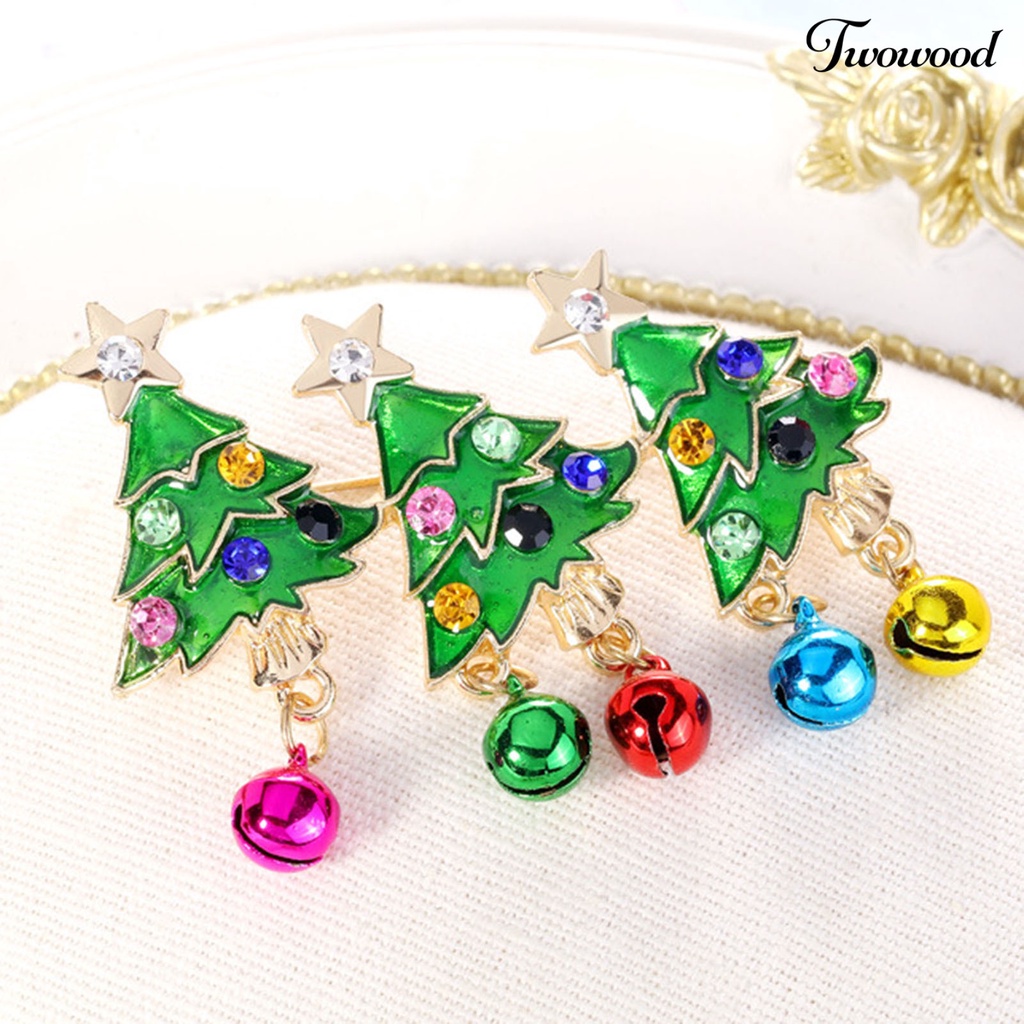 Twowood Christmas Tree Shape Brooch Pin Rhinestone Alloy Colorful Bells Pendant Enamel Pin Friends Gift