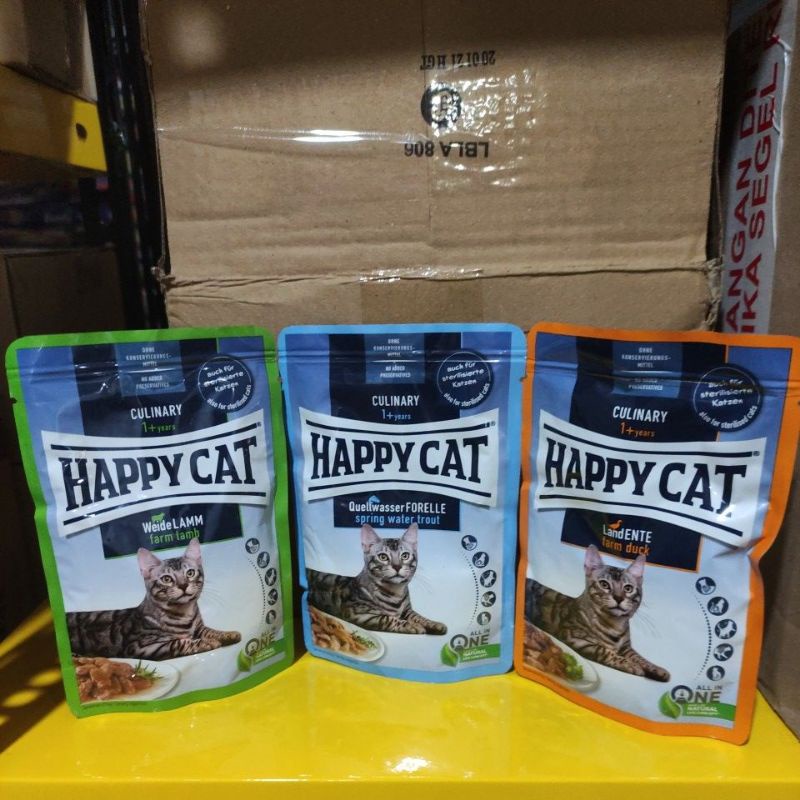 Happy cat culinary makanan basah pouch sachet lamb or ikan or duck 85gr