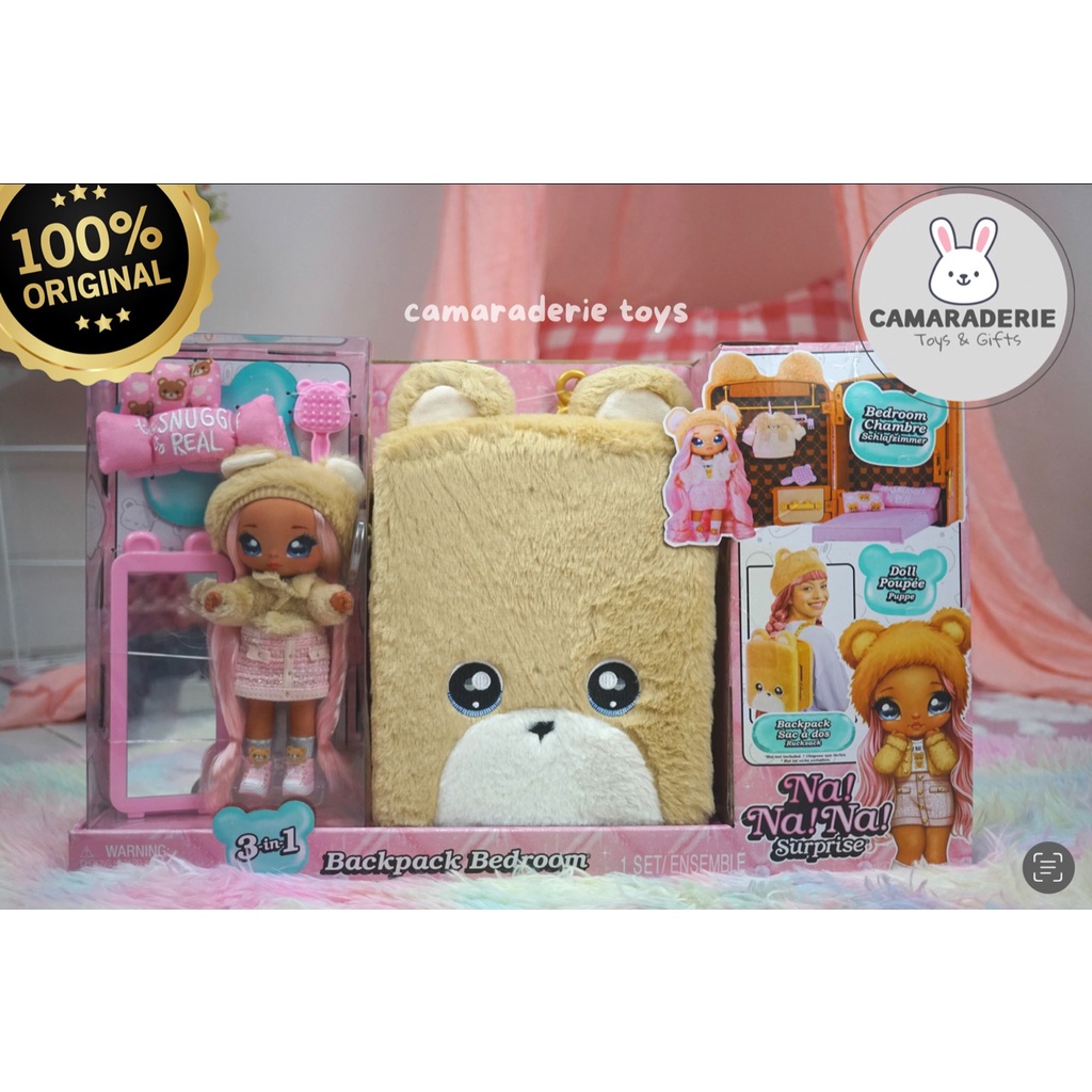 NaNaNa Surprise 3-in-1 Backpack Bedroom Playset Sarah Snuggles Fashion Doll in Exclusive Outfit. Bon