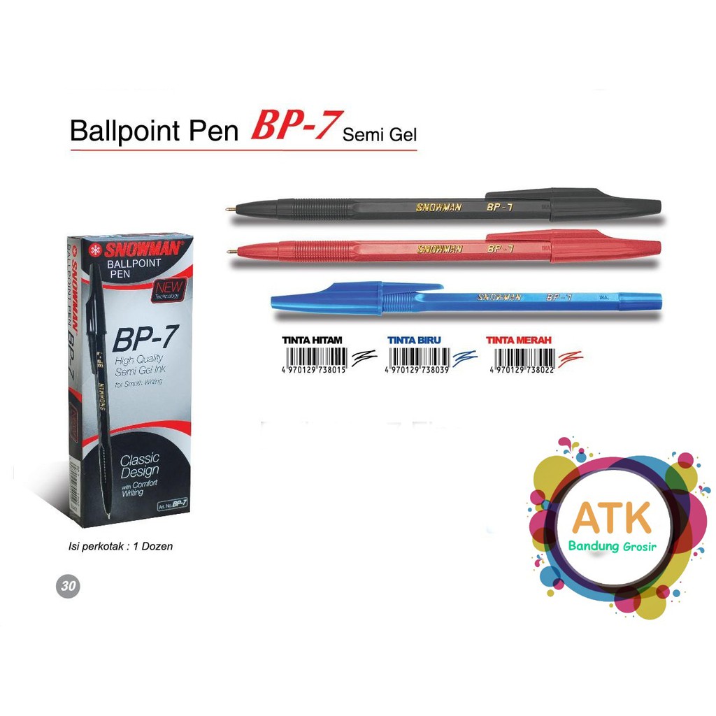 

Pulpen Snowman BP-7 Semi Gel Warna Biru Hitam Merah Grosir Murah - Lusinan (12 pcs)
