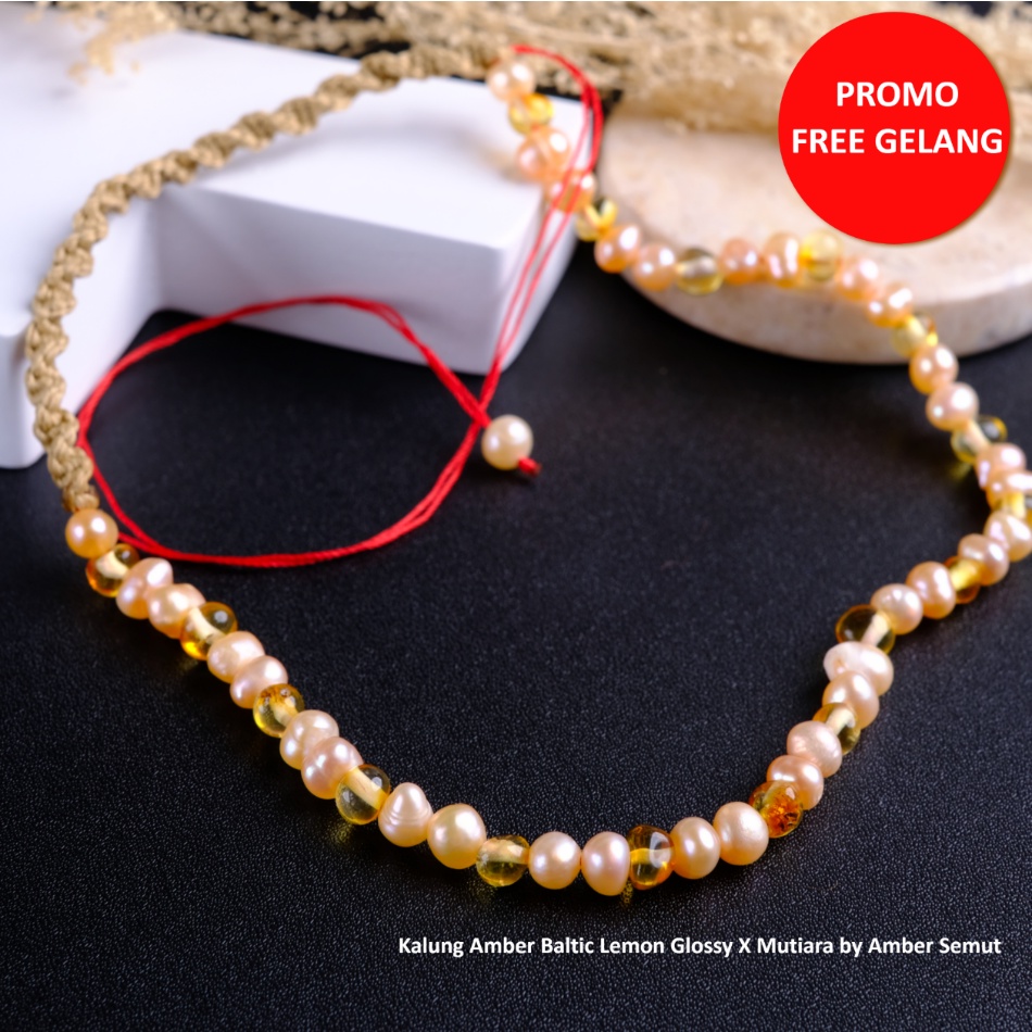 Kalung Amber Baltic Lemon Glossy X Mutiara by Amber Semut