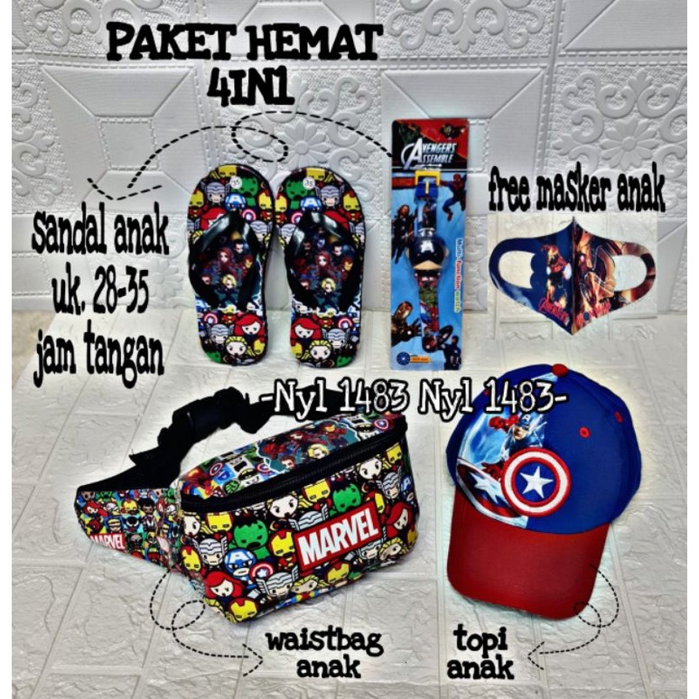 Real pict | Paket hemat 4in1 tas waistbag anak karakter superhero / free topi/ sandal/ jam tanga / masker