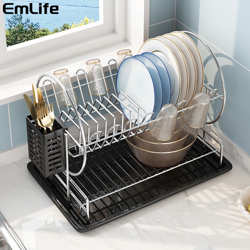 Rak Pengering Piring Stainless Rak Pengeringan Dapur Meja Dish Drainer Rack Cup Holder