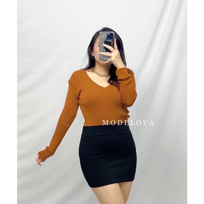 MDLV ~ VNECK RAJUT LENGAN PANJANG BAJU RAJUT TOP RAJUT ATASAN RAJUT LENGAN PANJANG PAKAIAN RAJUT BLOUSE RAJUT FASHION WANITA