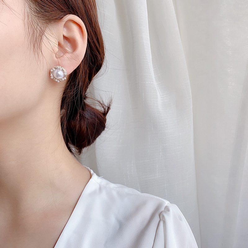 Anting Stud S925 Silver Needle Bentuk Bulat Aksen Mutiara Untuk Wanita
