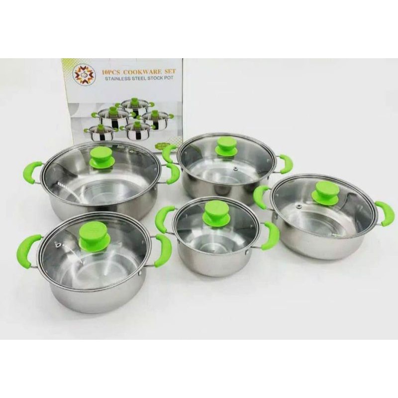 Panci Sup Pot Set Stainless Steel Tutup Kaca Cantik Pegangan Hijau Serbaguna