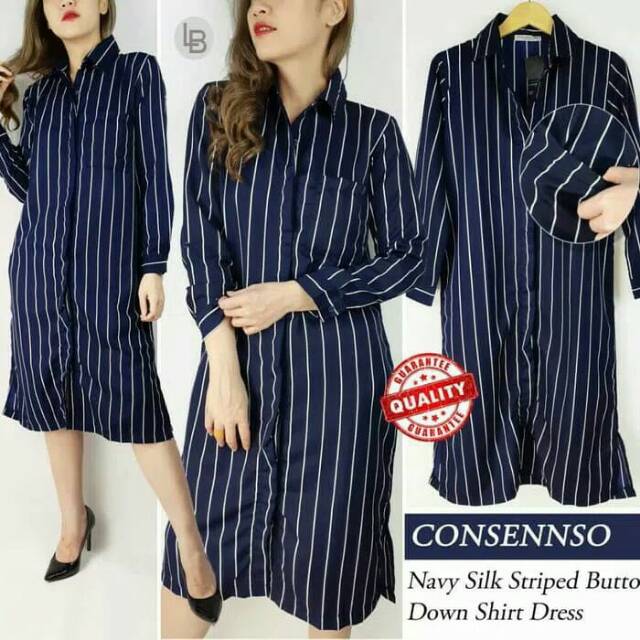 Consenso dress tunik navy silk strip button down