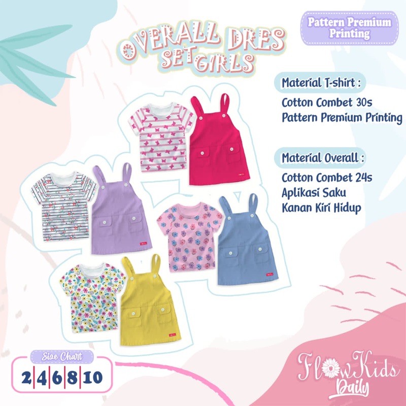 Flowkids Set Overall Anak Perempuan - Setelan Dress Dres Pendek Harian OverAll Usia 2 4 6 8 10 Tahun