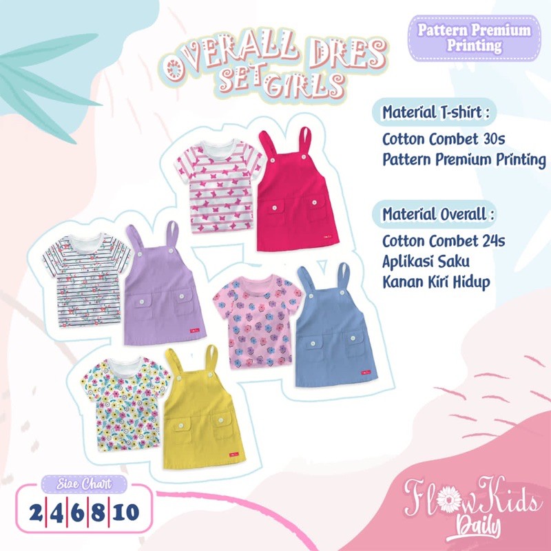 Flowkids Set Overall Anak Perempuan - Setelan Dress Dres Pendek Harian OverAll Usia 2 4 6 8 10 Tahun