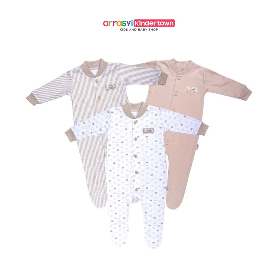 FLUFFY Sleepsuit Baju Kodok Bayi Tutup Kaki (Isi 3 Pcs) Khaki Series - Baju Bayi Laki Laki 0-6 bulan