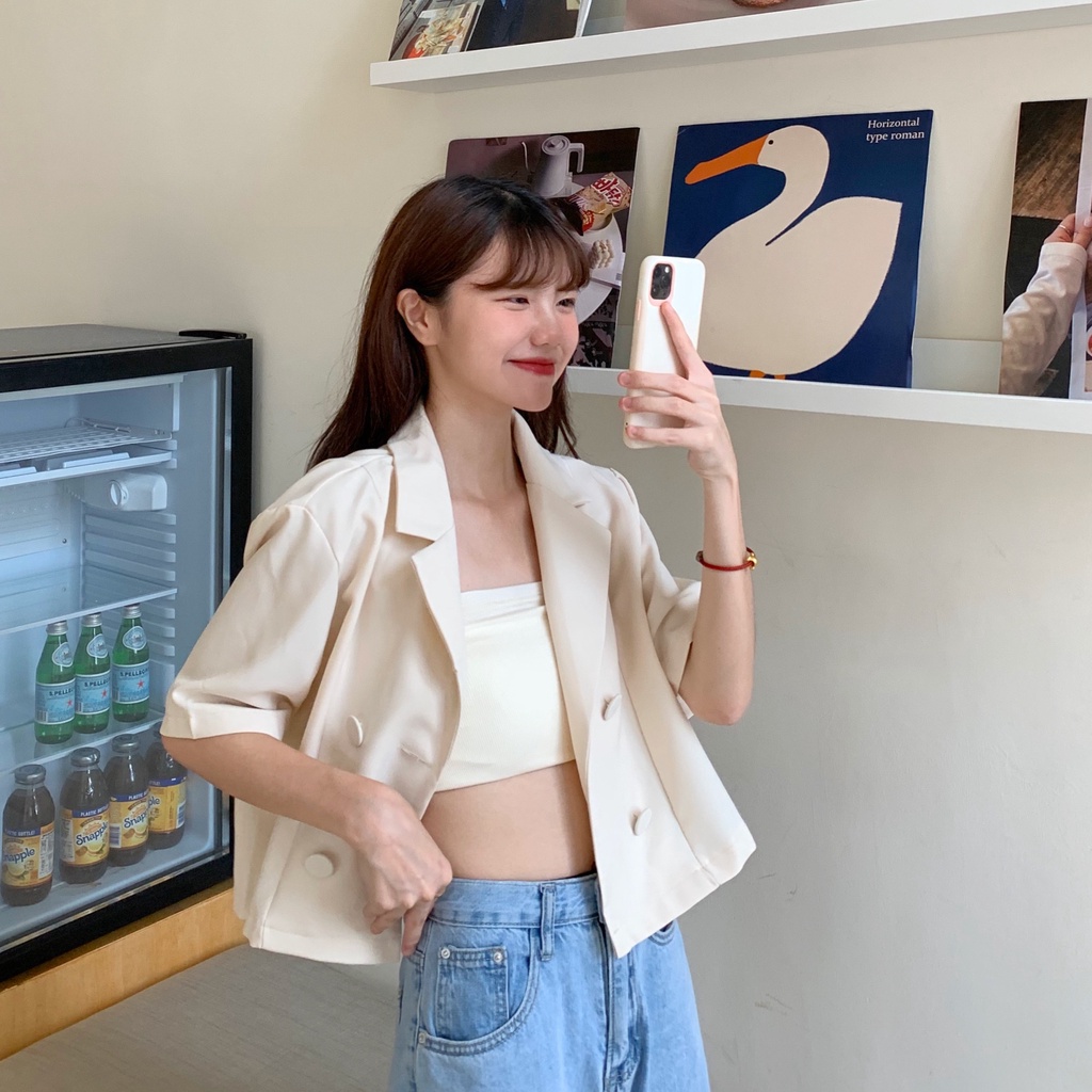 XIAOZHAINV Jaket Jas Lengan Pendek Tube Top Pinggang Tinggi Korea