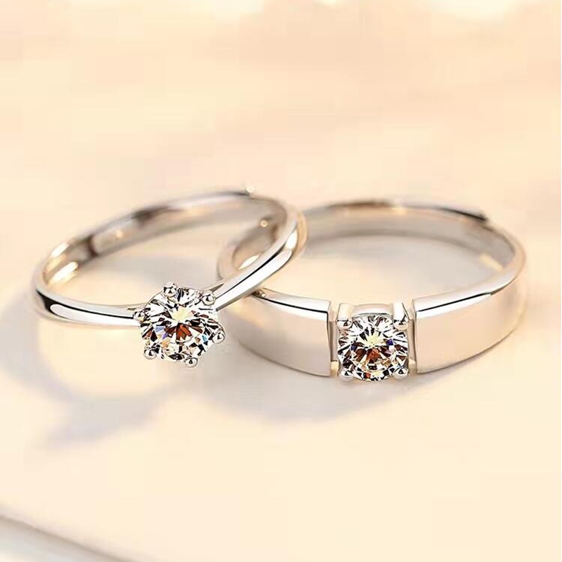 2pcs Cincin Kristal Zircon Warna Silver Untuk Pria Dan Wanita