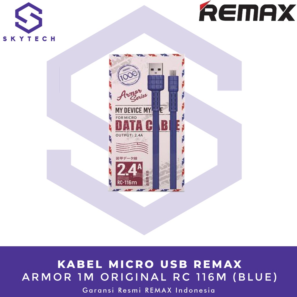 KABEL MICRO USB REMAX ARMOR 1M BLUE RC 116M ORIGINAL GARANSI RESMI