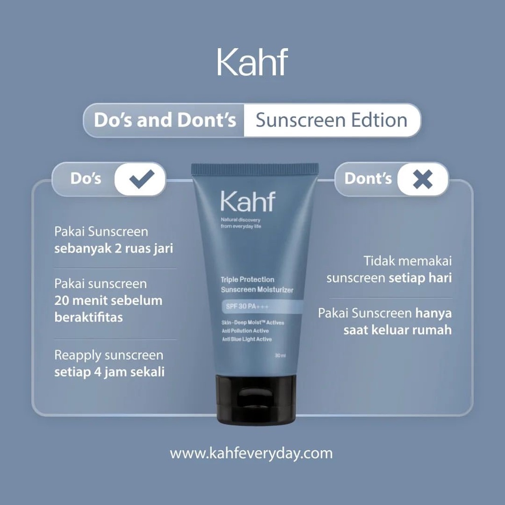 Kahf Triple Protection Sunscreen Moisturizer SPF30 PA+++ 30ML / Pelembab Wajah Pria Moisturizing Sun Protection For Men Ekstrak Mugwort