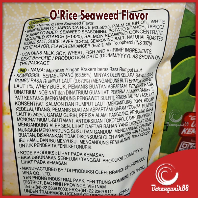 Crackers Rice Delfi Orion Krekers Beras O'Rice Orice Seaweed