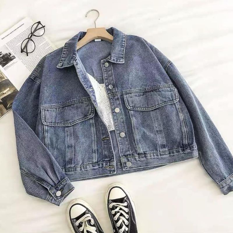 JAKET JEANS WANITA PAULA SANDWASH CROP OVERSIZE KOREA STYLE