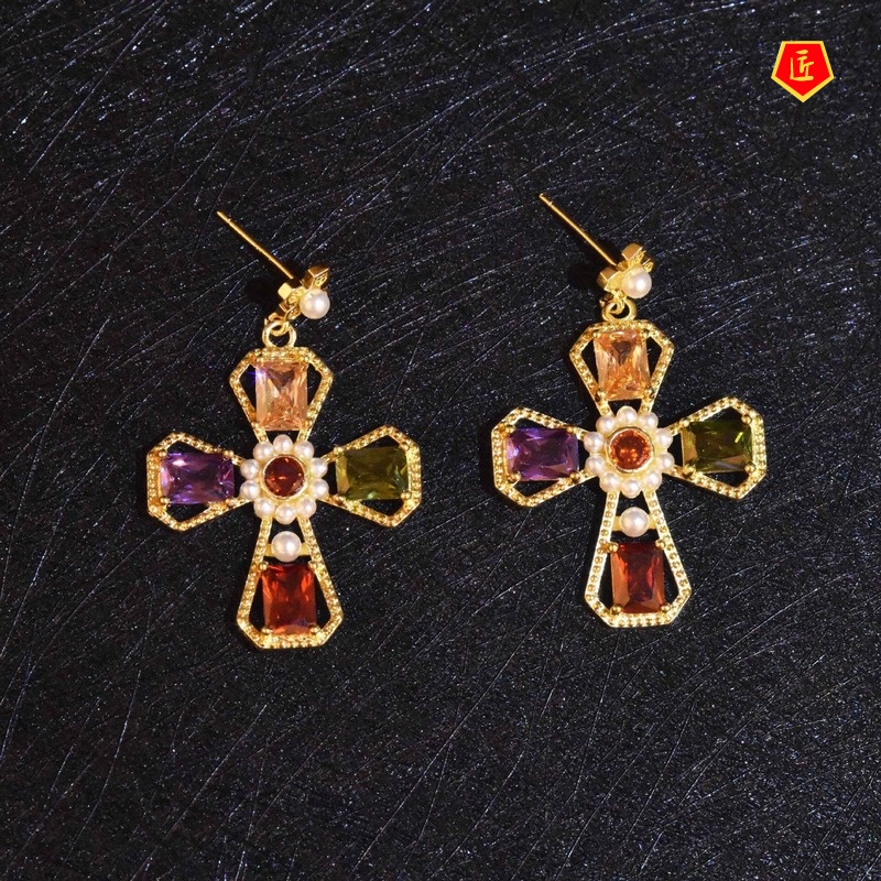 [Ready Stock]Color Gem Cross Gold Stud Earrings Women's Retro Fashion