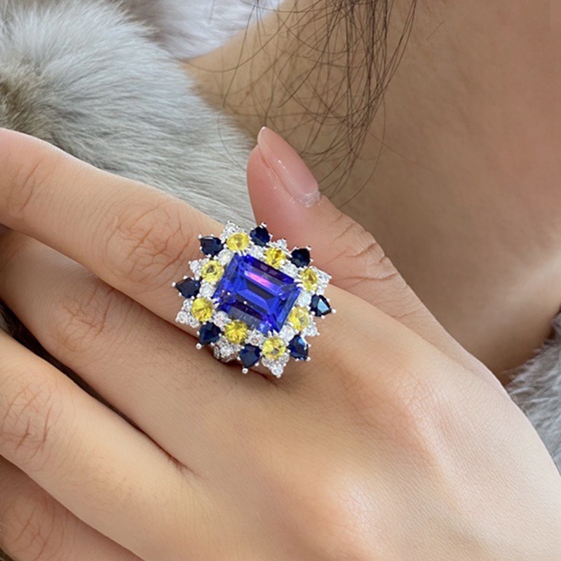Cincin Bentuk Persegi Geometri Aksen Cubic Zirconia Warna Biru Gaya Eropa Amerika Untuk Wanita