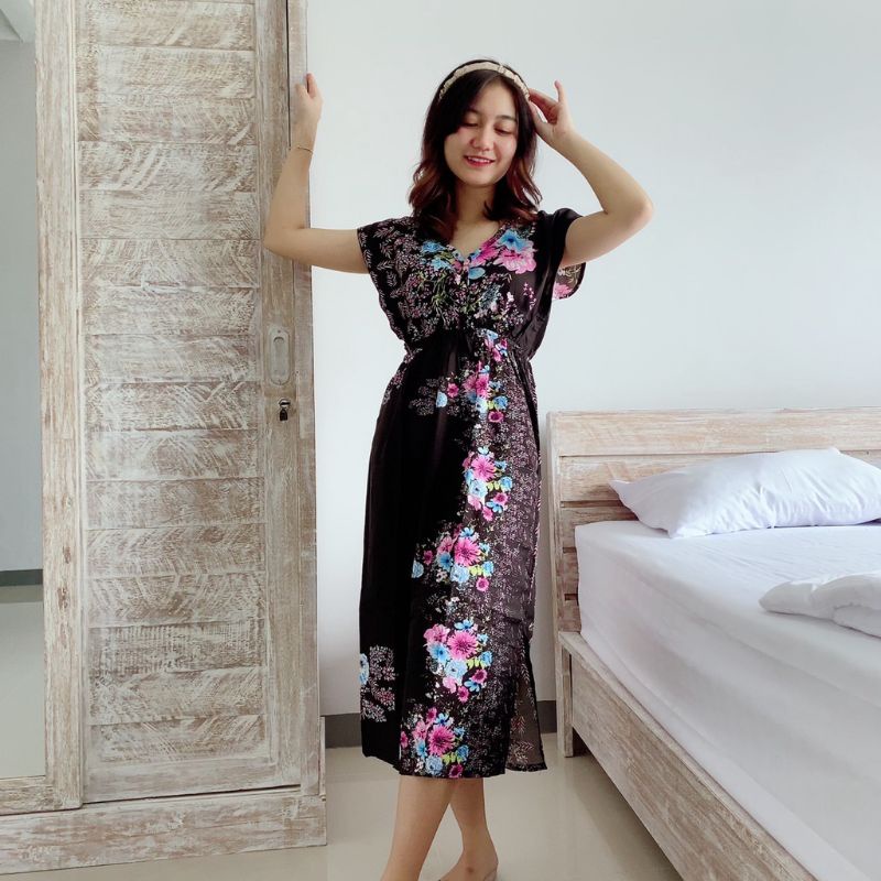 Daster Manohara Dress Manohara All Size Fit to XL Rayon Dress Bali Motif Tiedye Kopi Coffe Motif-Sakura hitam