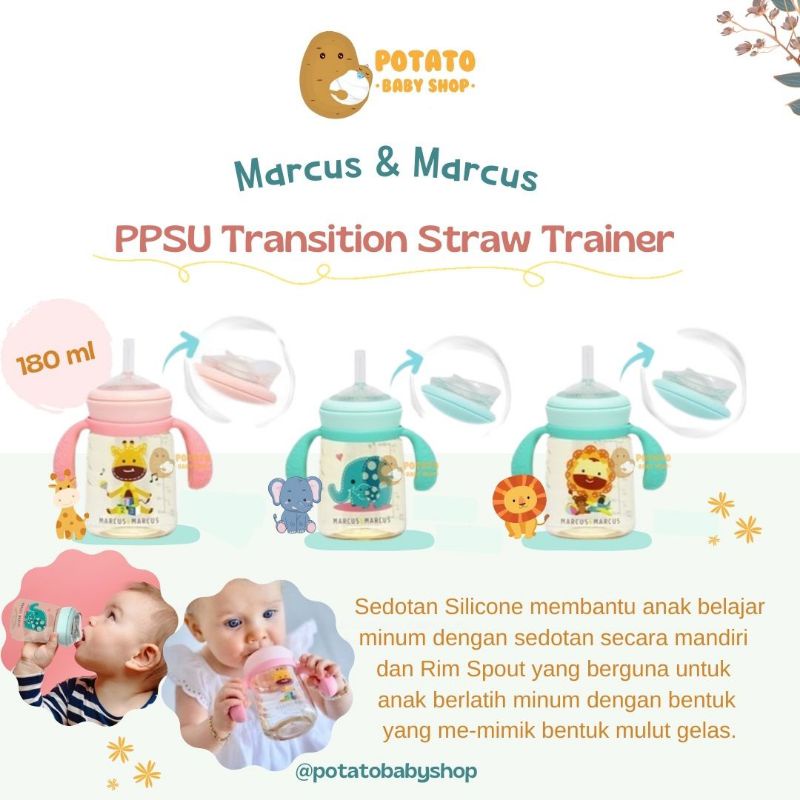 Marcus &amp; Marcus PPSU Transition Straw Trainer Bottle 180ml &amp; 300ml - botol minum anak