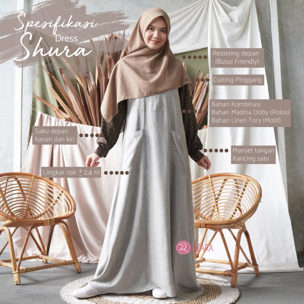 Gamis Shura Zizara Kombinasi Polos Motif Katun Madina LInen