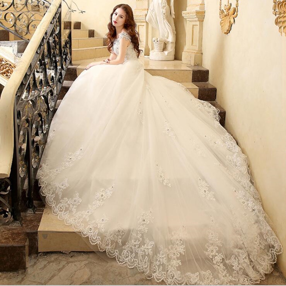 Long Tail Wedding Dress White Women Bridal Ball Gown Dress