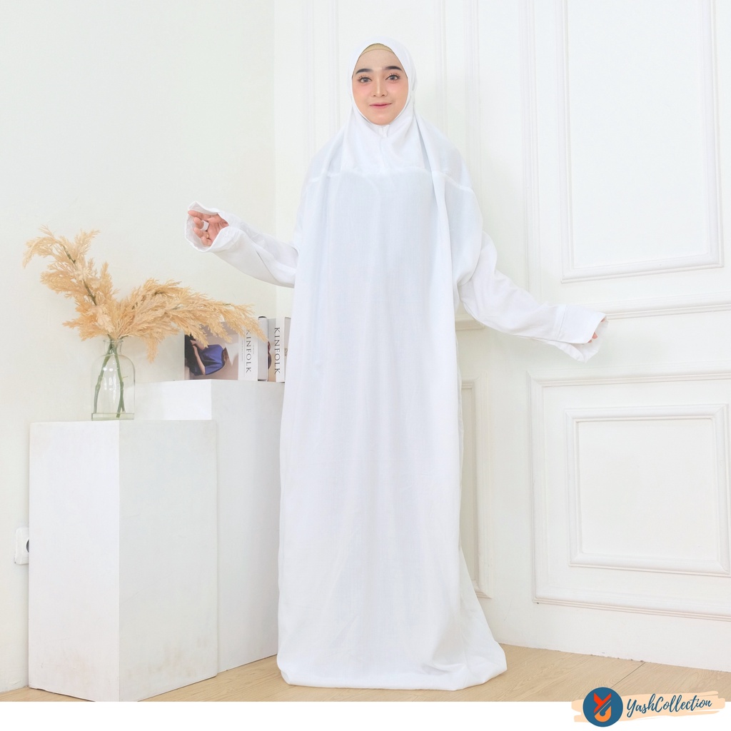 YashCollection Mukena Terusan Dewasa Bunga Polos Putih Rayon Jumbo