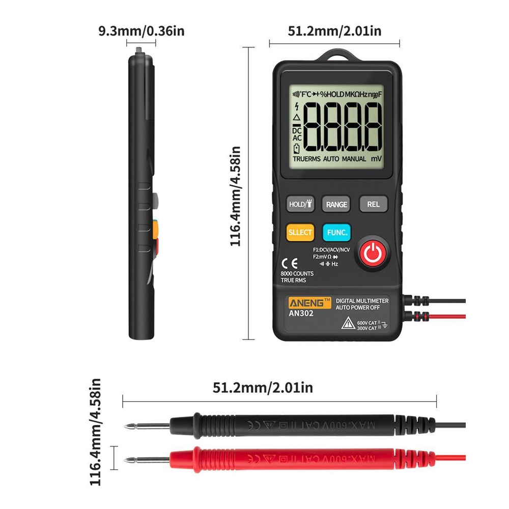 Solighter Digital Multimeter ANENG AN302 True RMS Transistor Tester DC/AC Voltmeter