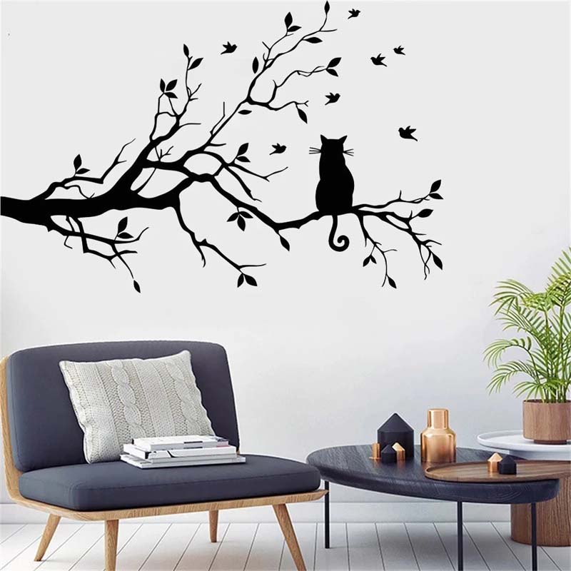 Stiker Dinding Decal Desain Cat on Branch Serba Guna, Dapat Dicopot, 58x38cm