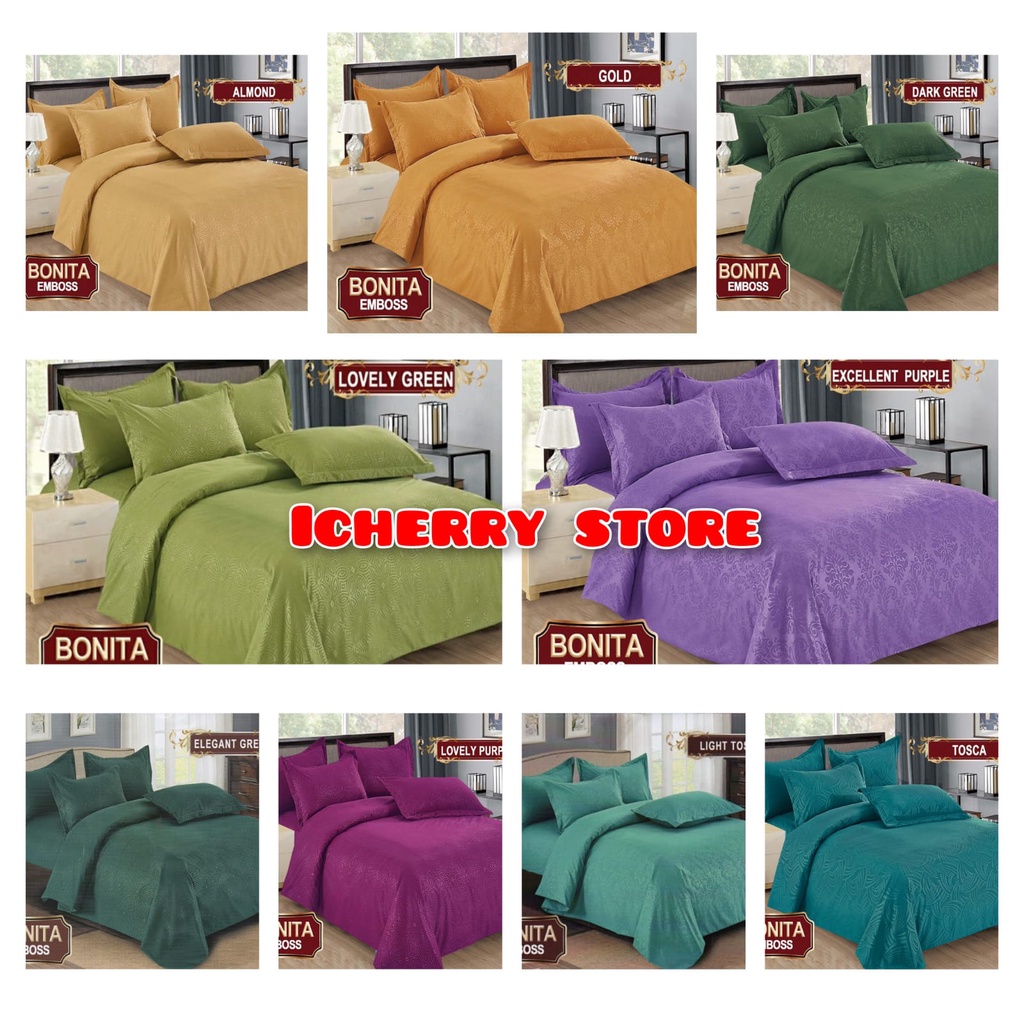 Full Set Bedcover + Sprei Bonita 3D Polos Rumbai Karet King 180x200 Warna Dark Green, Almond, Elegan