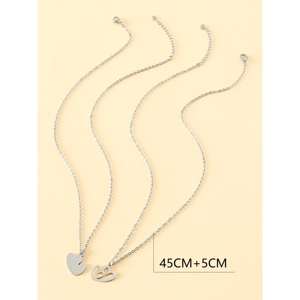 2pcs / SET Kalung Rantai Klavikula Bahan Stainless Steel Model Hati Ganda Hollow Untuk Hari Ibu