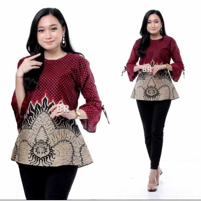 COD - Bayar Ditempat - Blouse Batik Couple Atasan Batik Wanita Blus Batik Cendrawasih Blarak Kipas-BL Bara Api