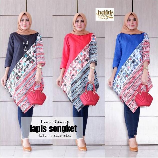 Baju Atasan Tunik Lancip Lapis Songket Batik Modern